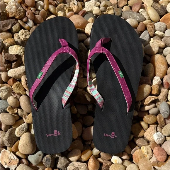 Sanuk Vibrant Pink Black Flip Flop Sandals Foam Cushion Women's Size 5 6 - Picture 2 of 5
